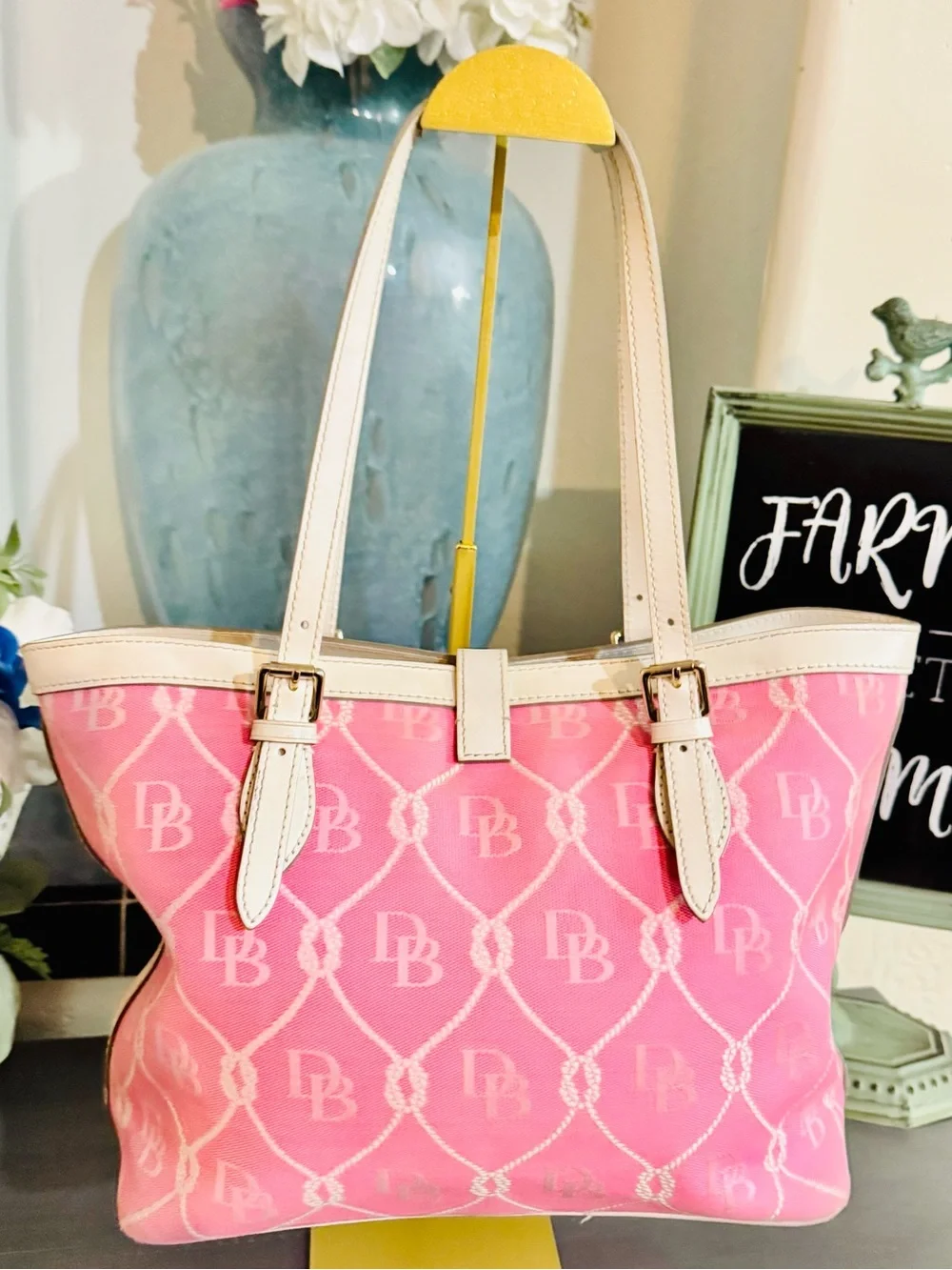 Dooney & Bourke Pink & White Nautical Rope Monogram Tote Vintage Blue Duck - GUC